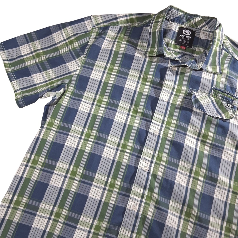 Ecko Unltd Mens Plaid Short Sleeve Button Down Shirt Blue Green 2XL- Measures XL